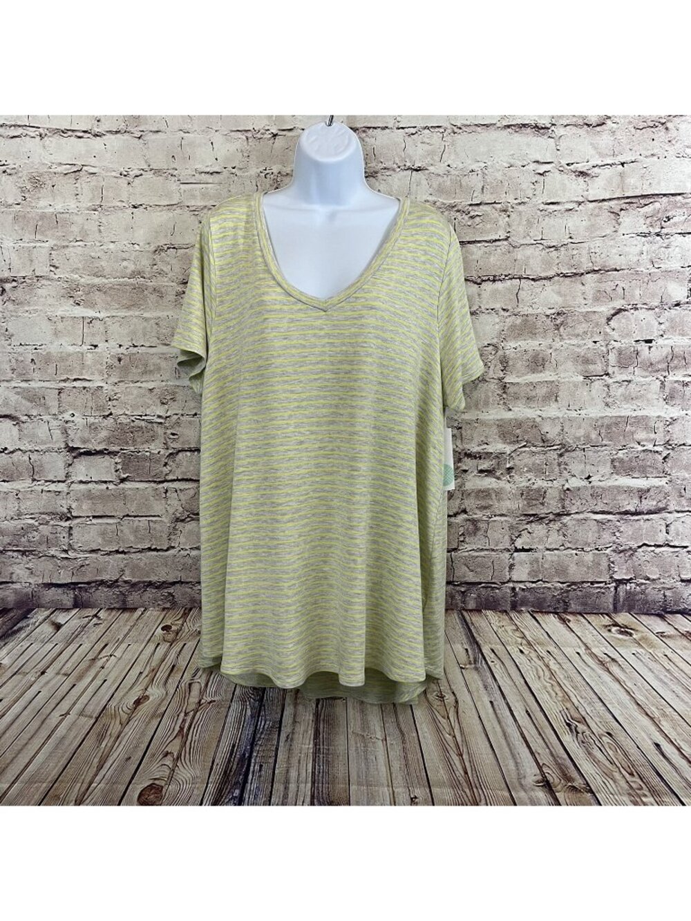 Cupid Gray Yellow Striped V Neck Short Sleeve Top